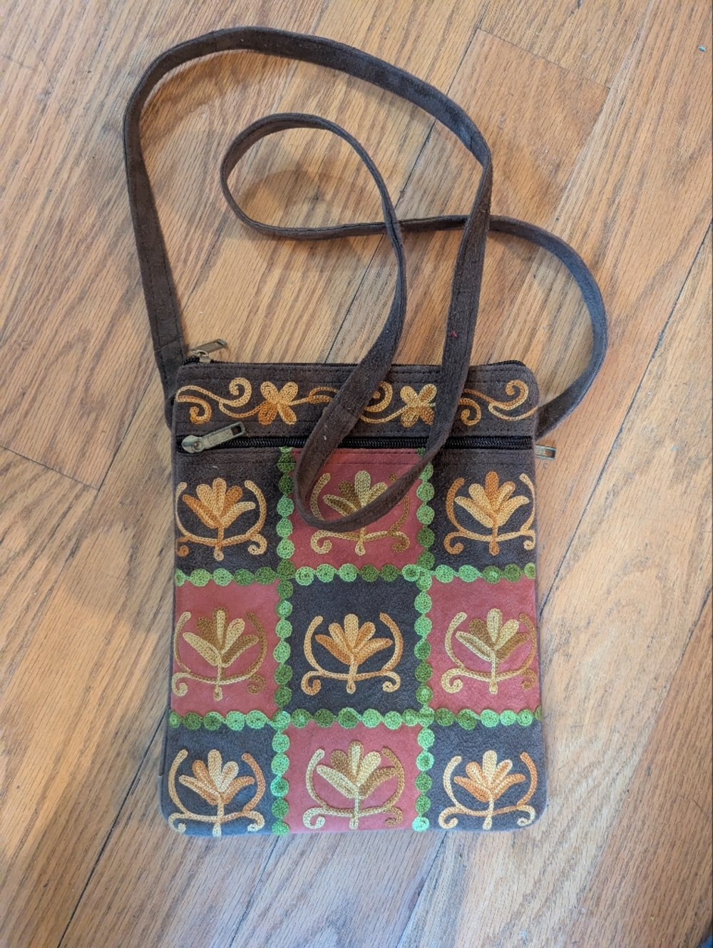 Brown And Orange Embroidered Cross-body Purse